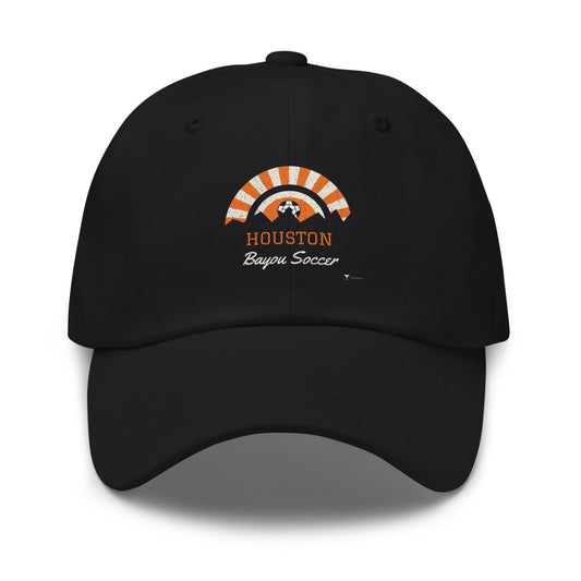 Houston Bayou Soccer Dad Hat in black, design printed on the front panel, front view