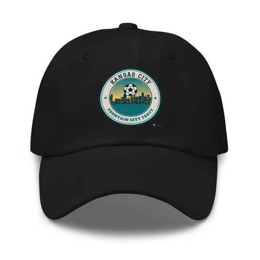 Kansas City Fountain City Footy Dad Hat in black, design printed on the front panel, front view