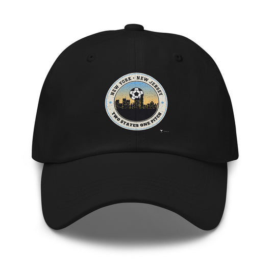 NY NJ Two States One Pitch Dad Hat in black, design printed on the front panel, front view