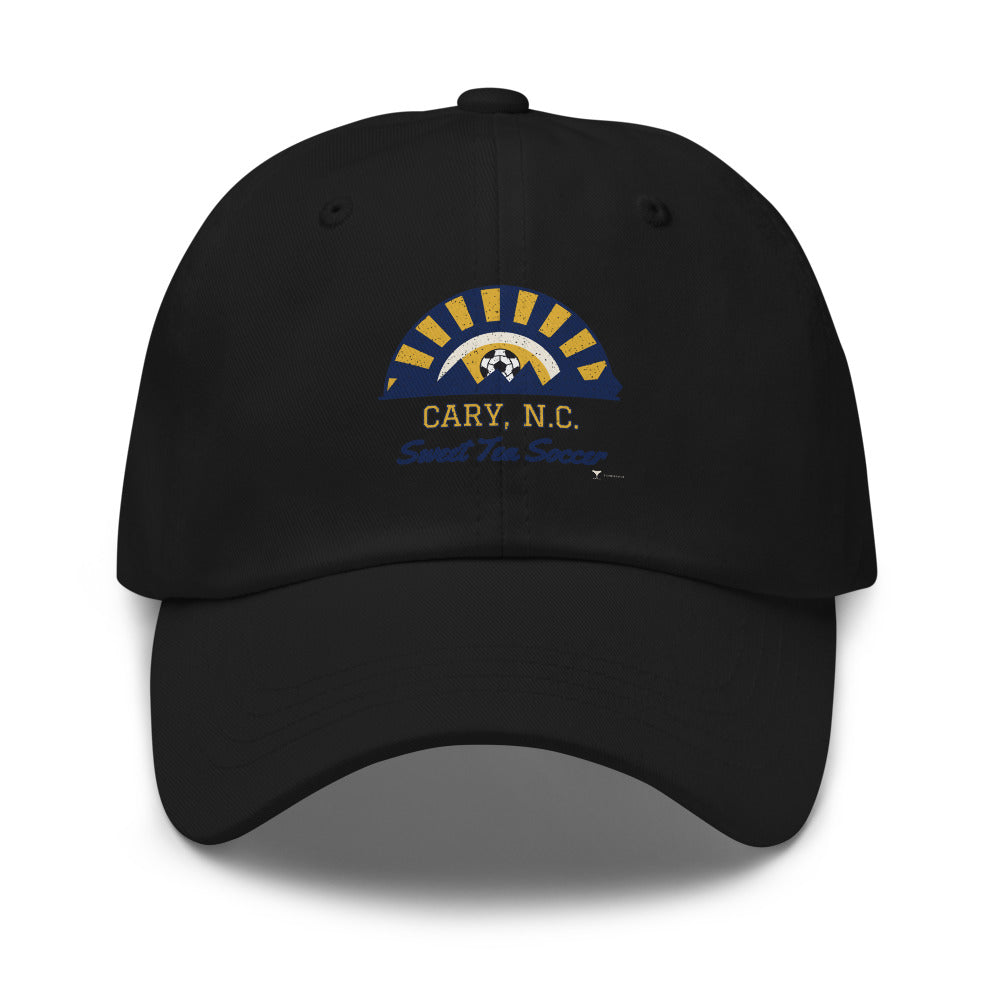 Cary, N.C. Sweet Tea Soccer Dad Hat in black, design printed on the front panel, front view
