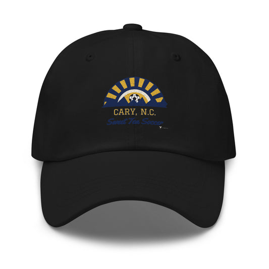 Cary, N.C. Sweet Tea Soccer Dad Hat in black, design printed on the front panel, front view