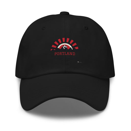 Portland Bridgetown Ball Dad Hat in black, design printed on the front panel, front view