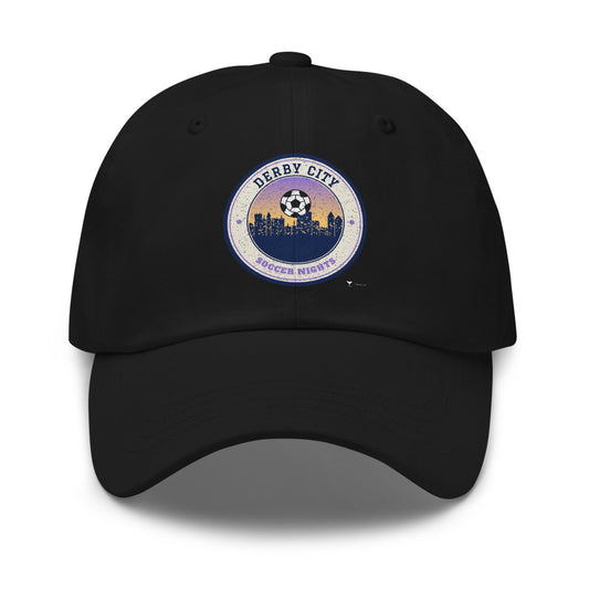 Derby City Soccer Nights Dad Hat in black, design printed on the front panel, front view