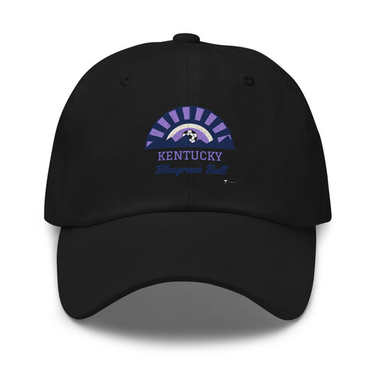 Kentucky Bluegrass Ball Dad Hat in black, design printed on the front panel, front view