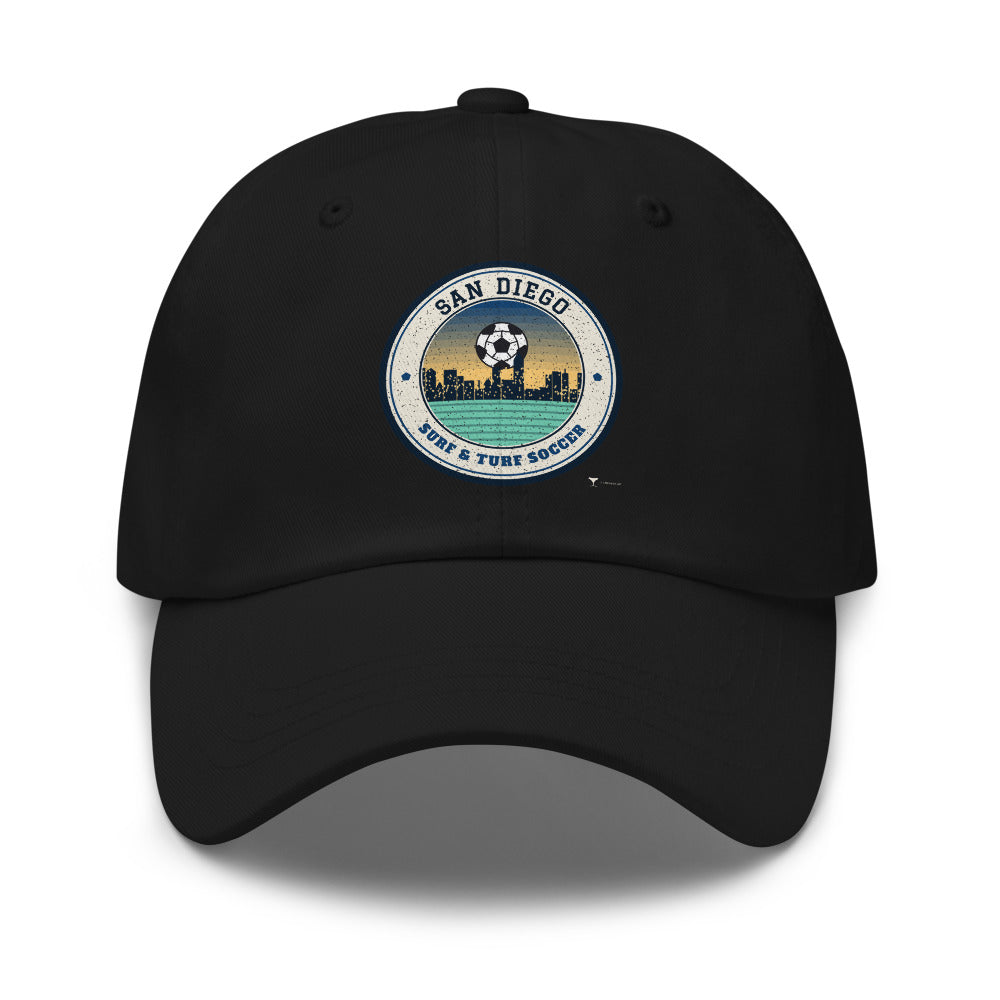 San Diego Surf & Turf Soccer Dad Hat in black, design printed on the front panel, front view