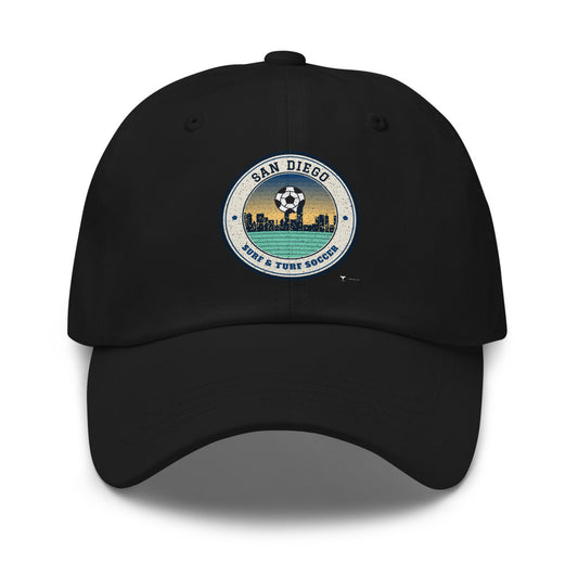 San Diego Surf & Turf Soccer Dad Hat in black, design printed on the front panel, front view