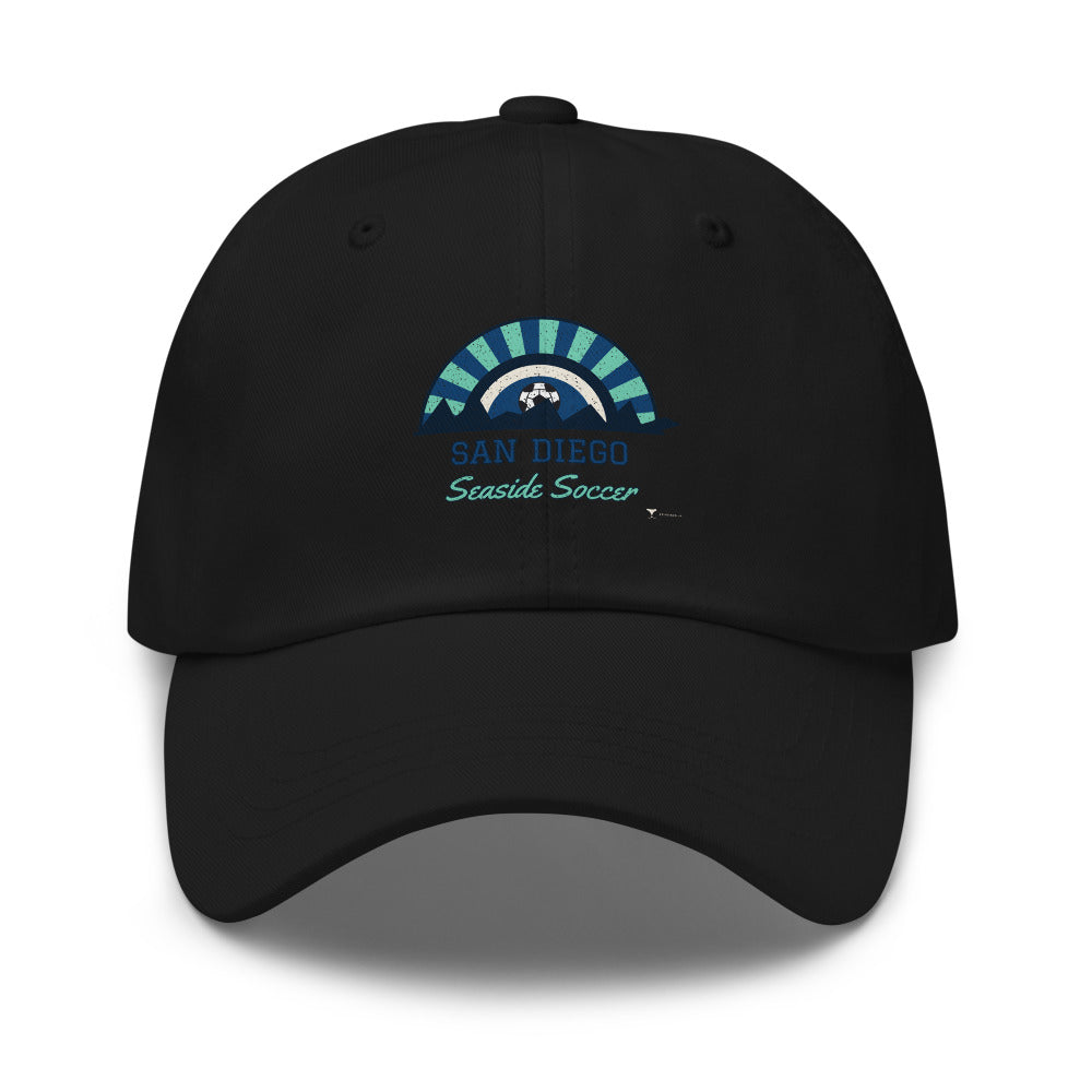 San Diego Seaside Soccer Dad Hat in black, design printed on the front panel, front view