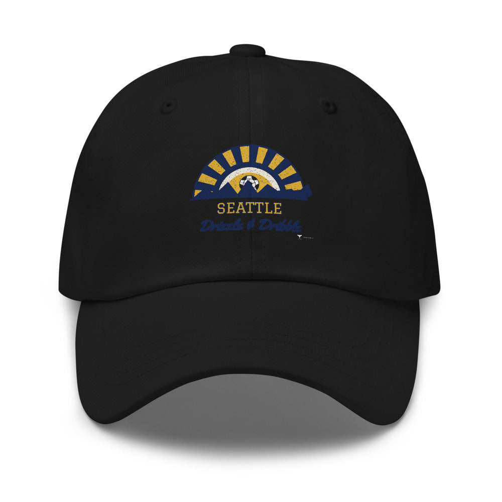 Seattle Drizzle & Dribble Dad Hat in black, design printed on the front panel, front view