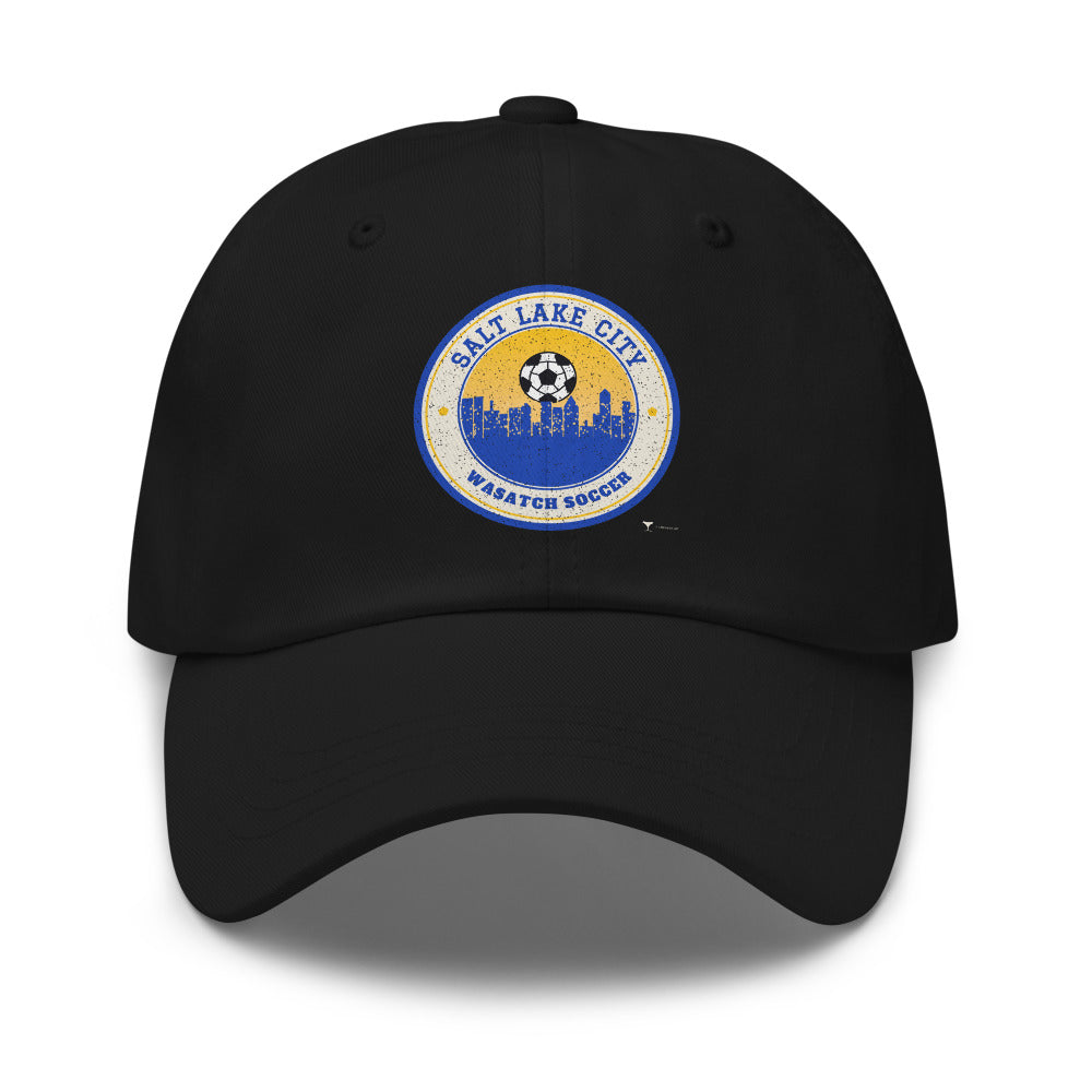 Salt Lake City Wasatch Soccer Dad Hat in black, design printed on the front panel, front view