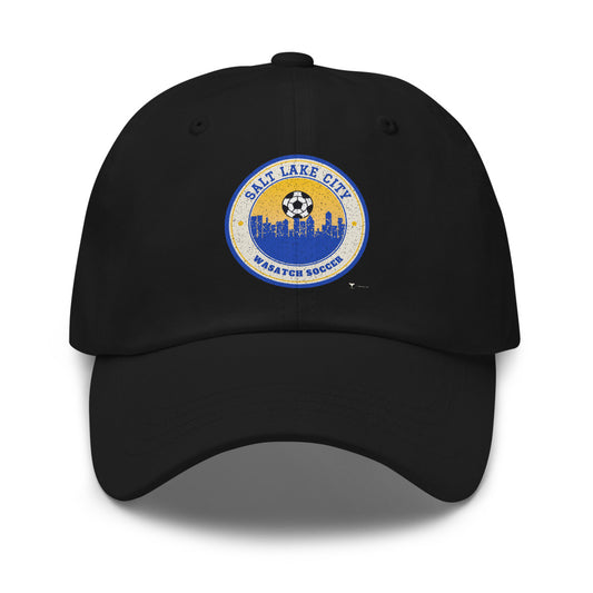 Salt Lake City Wasatch Soccer Dad Hat in black, design printed on the front panel, front view