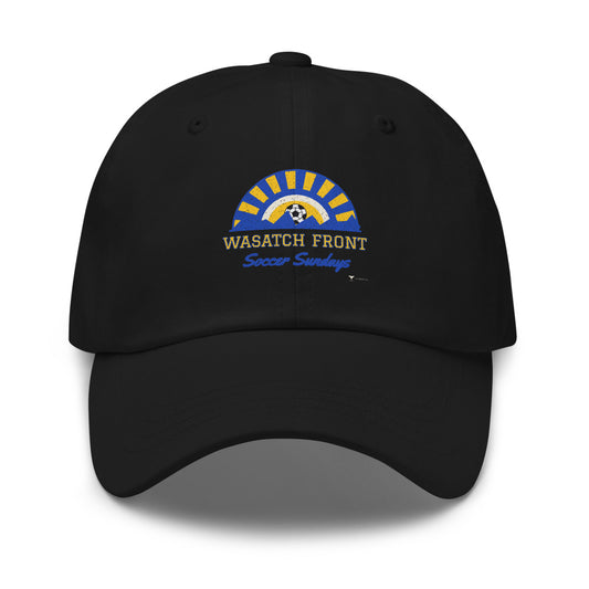 Wasatch Front Soccer Sundays Dad Hat in black, design printed on the front panel, front view