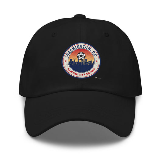 Washington, D.C. Capital City Soccer Dad Hat in black, design printed on the front panel, front view