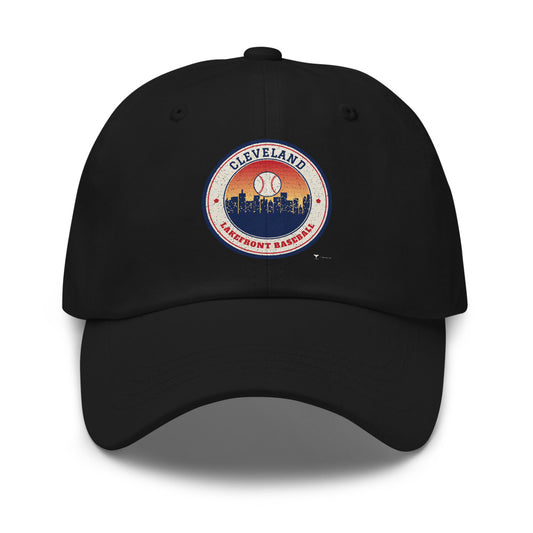 Cleveland Lakefront Baseball Dad Hat in black, design printed on the front panel, front view