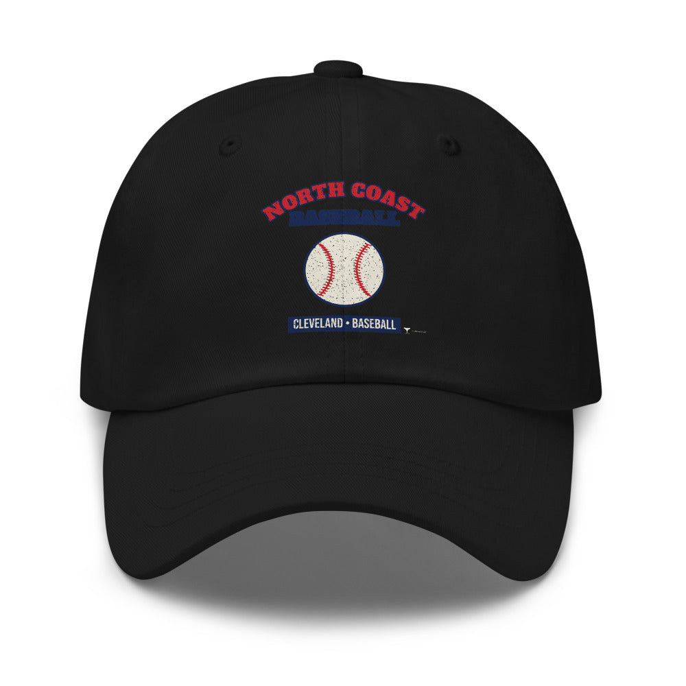 North Coast Baseball Cleveland Dad Hat in black, design printed on the front panel, front view