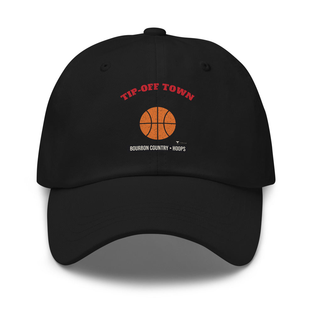 Bourbon Country Tip-Off Town Dad Hat in black, design printed on the front panel, front view