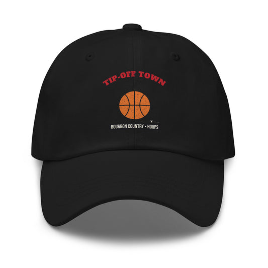 Bourbon Country Tip-Off Town Dad Hat in black, design printed on the front panel, front view