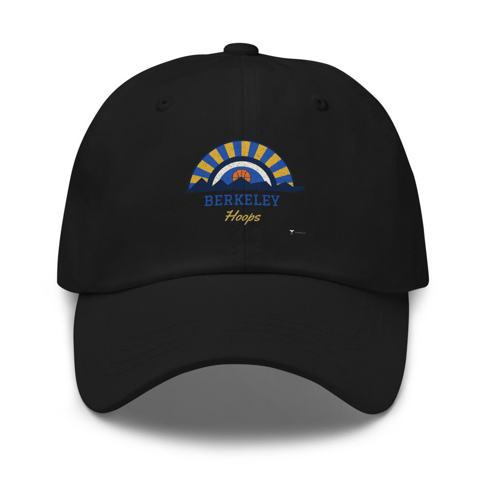 Berkeley Hoops Dad Hat in black, design printed on the front panel, front view