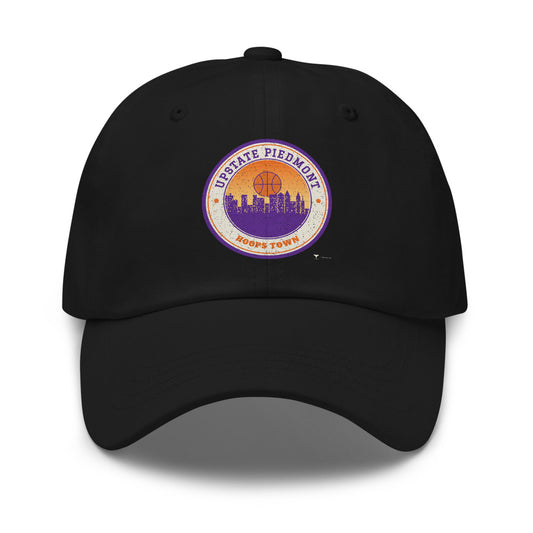 Upstate Piedmont Hoops Town Dad Hat in black, design printed on the front panel, front view