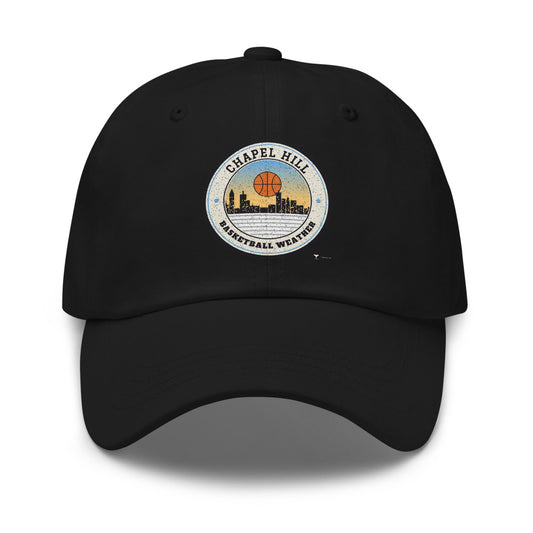 Chapel Hill Basketball Weather Dad Hat in black, design printed on the front panel, front view