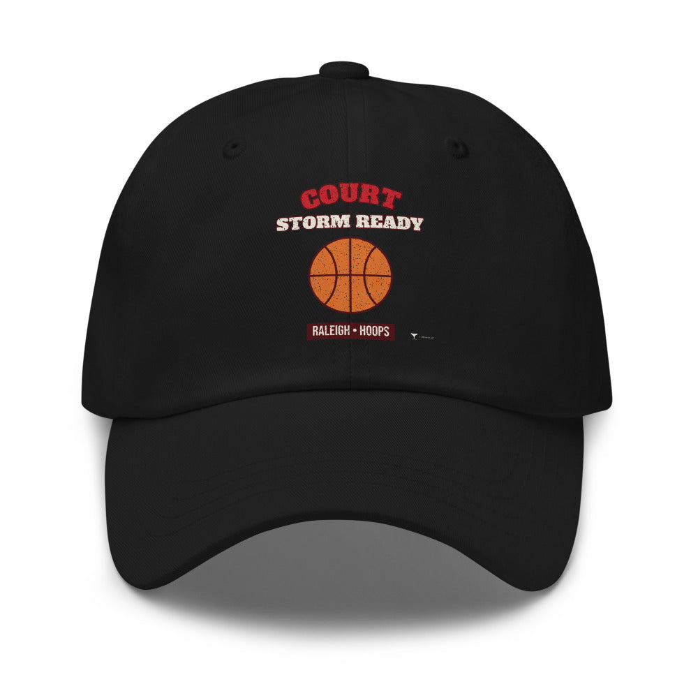 Raleigh Court Storm Ready Dad Hat in black, design printed on the front panel, front view