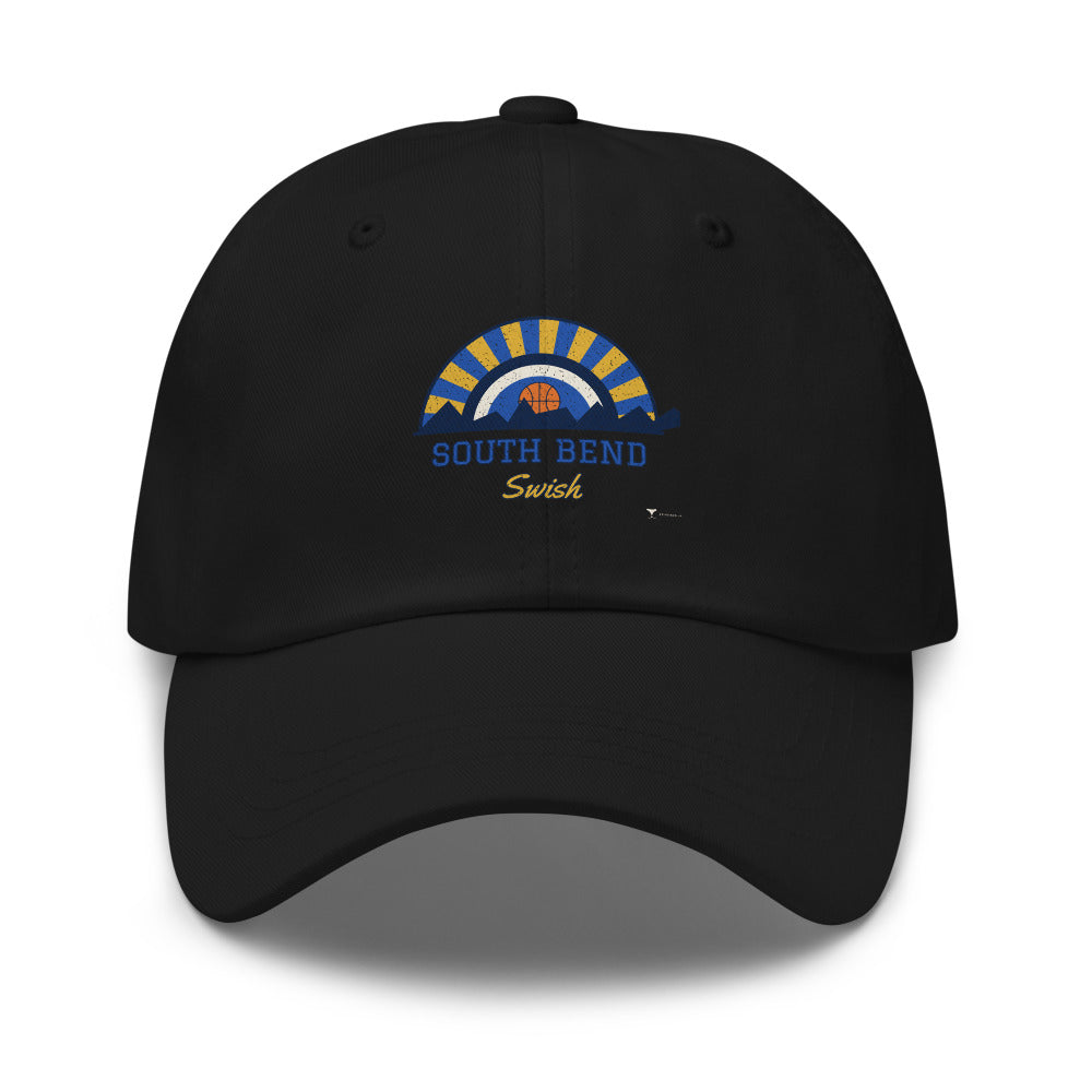 South Bend Swish Dad Hat in black, design printed on the front panel, front view