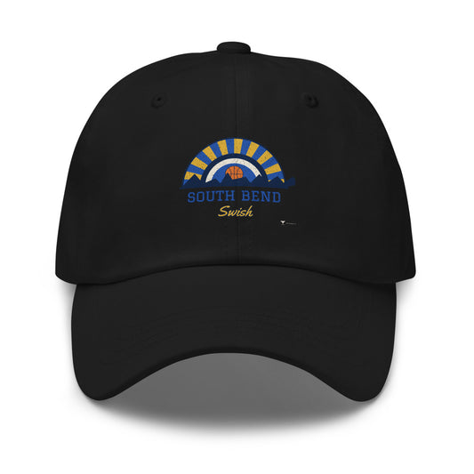 South Bend Swish Dad Hat in black, design printed on the front panel, front view