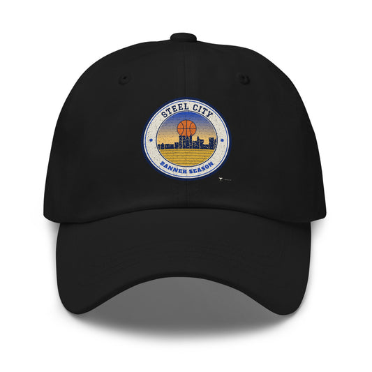 Steel City Banner Season Dad Hat in black, design printed on the front panel, front view