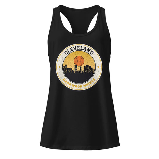 Women's Cleveland Hardwood Nights Racerback Tank in Black, front view