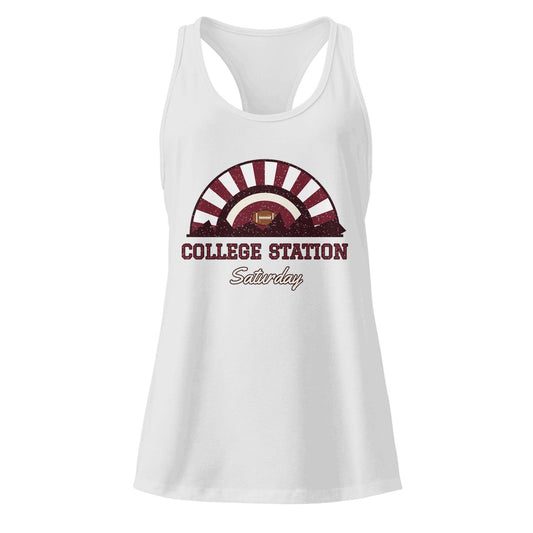 Women's College Station Saturday Racerback Tank in Heather Gray, front view