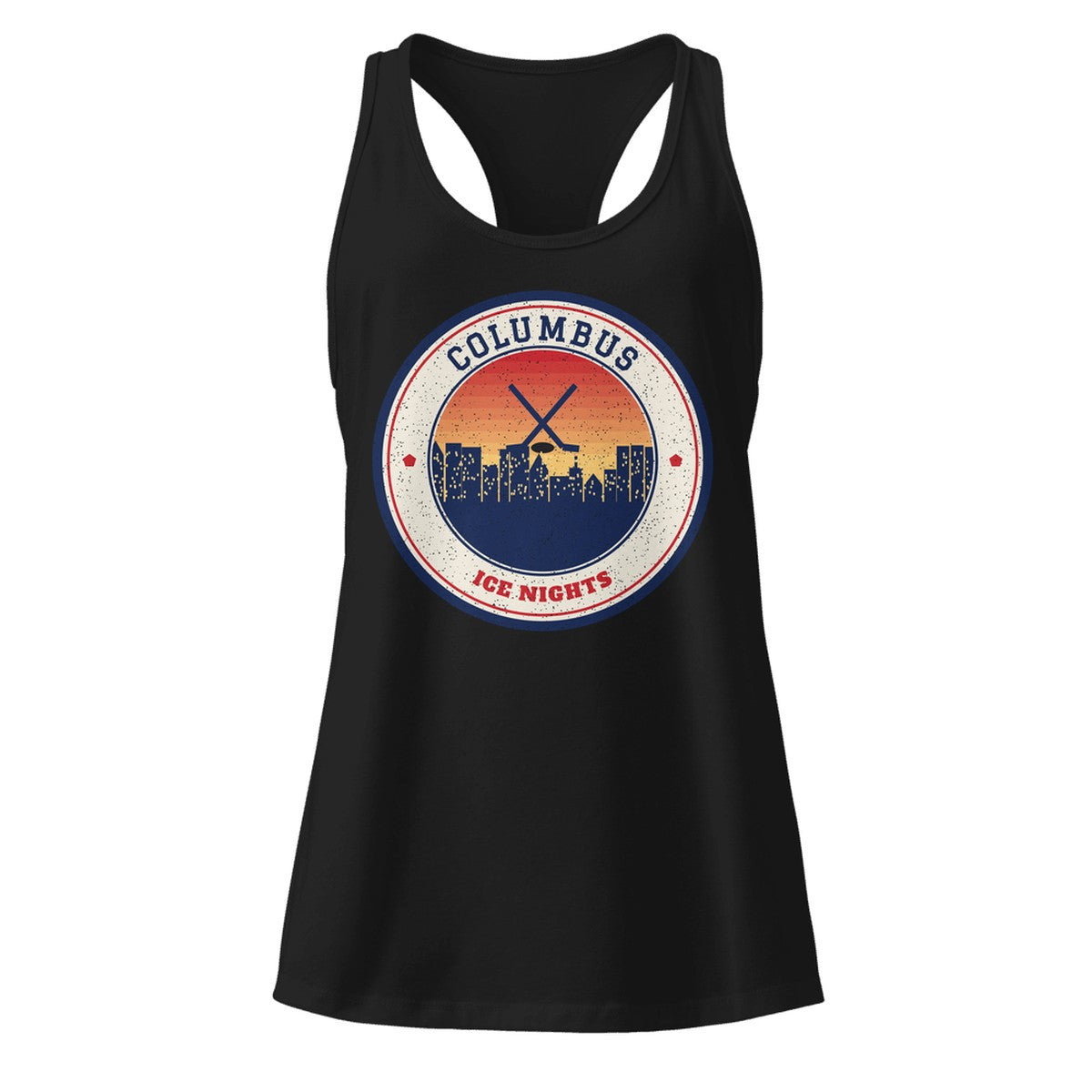 Women's Columbus Ice Nights Racerback Tank in Black, front view