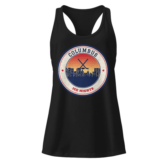 Women's Columbus Ice Nights Racerback Tank in Black, front view