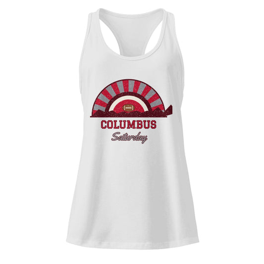 Women's Columbus Saturday Racerback Tank in Heather Gray, front view