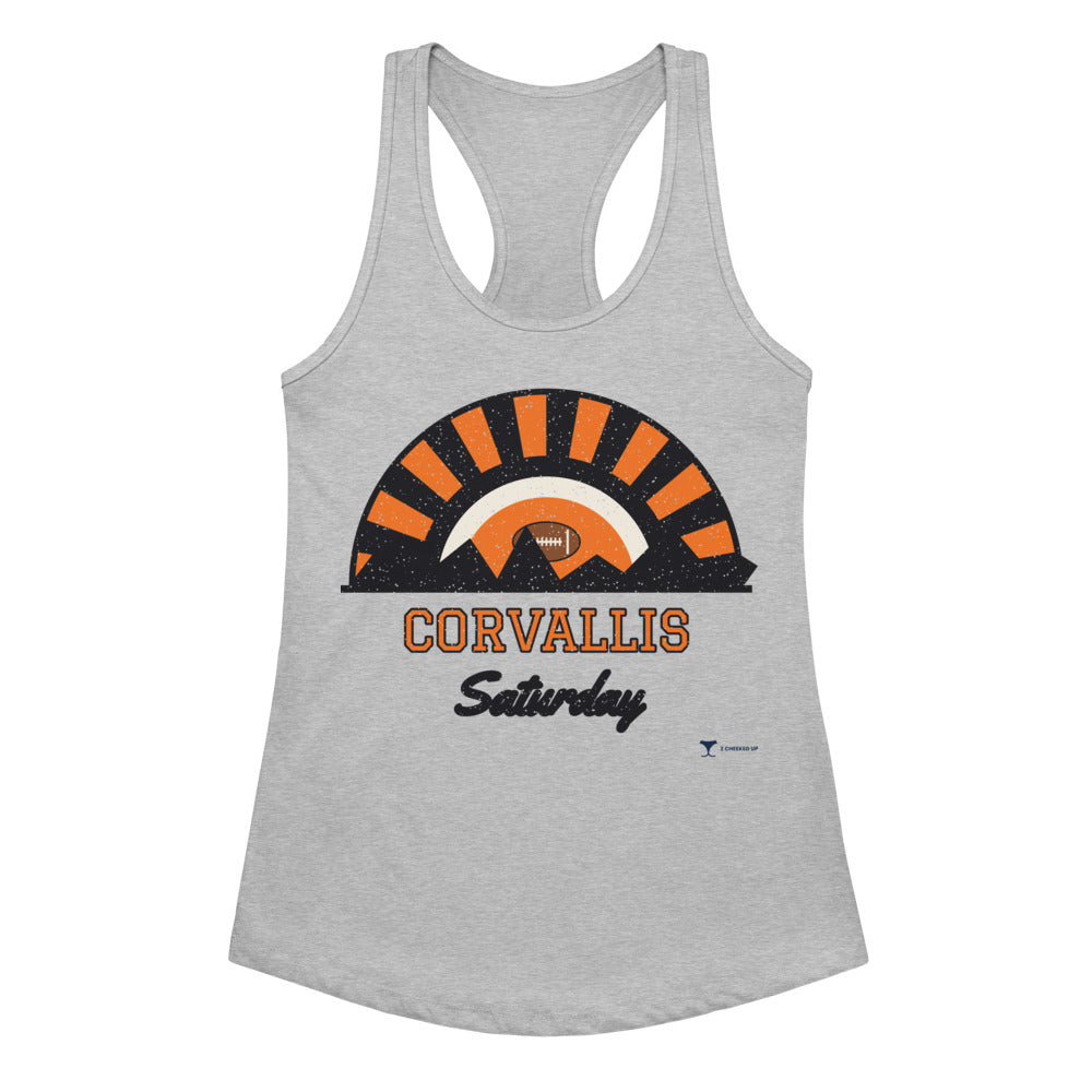 Women's Corvallis Saturday Racerback Tank in Heather Gray, front view