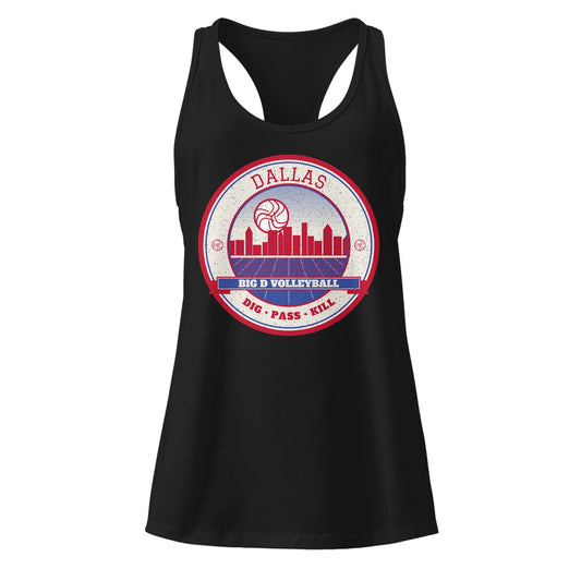Dallas Big D Volleyball Women's Racerback Tank in Black, front view