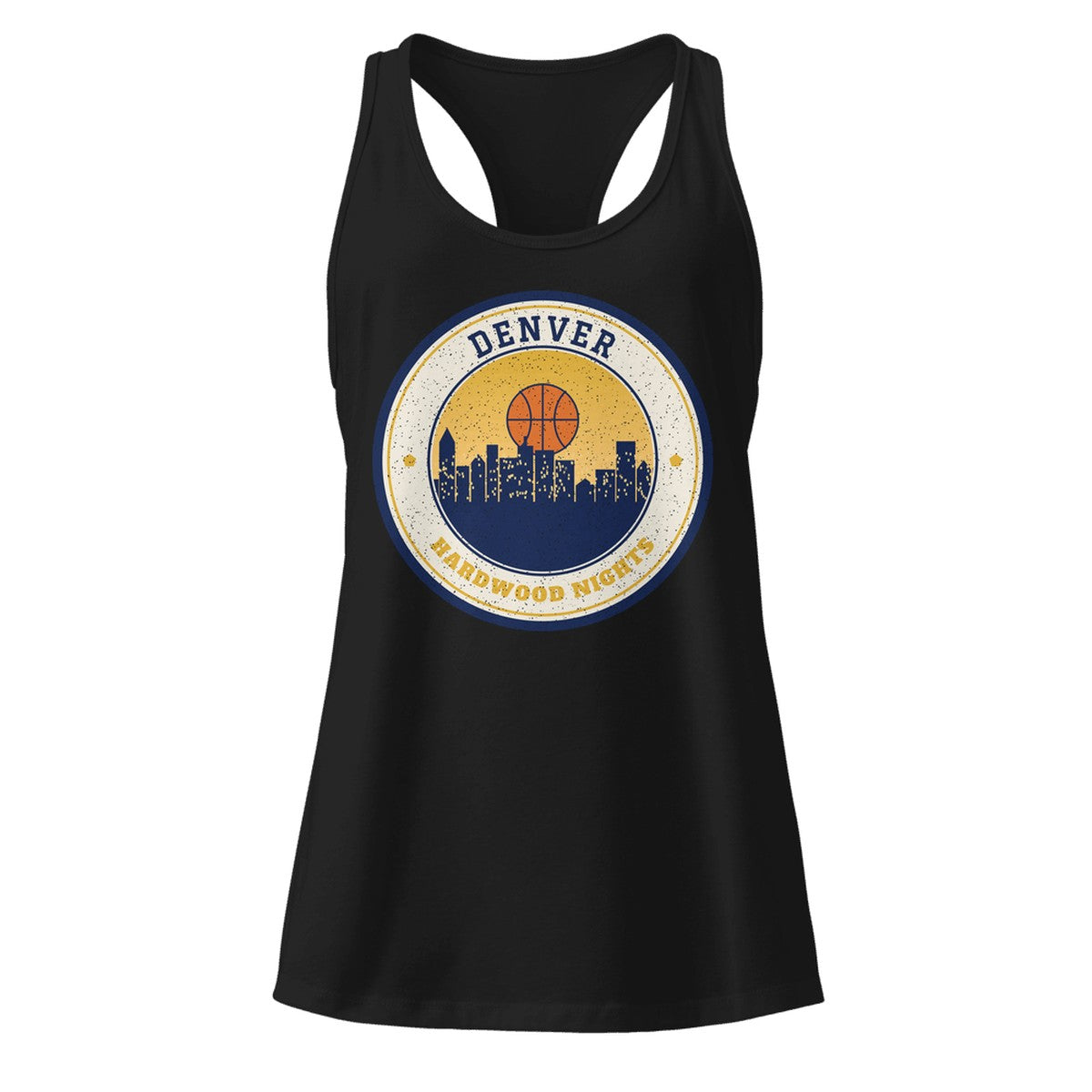 Women's Denver Hardwood Nights Racerback Tank in Black, front view