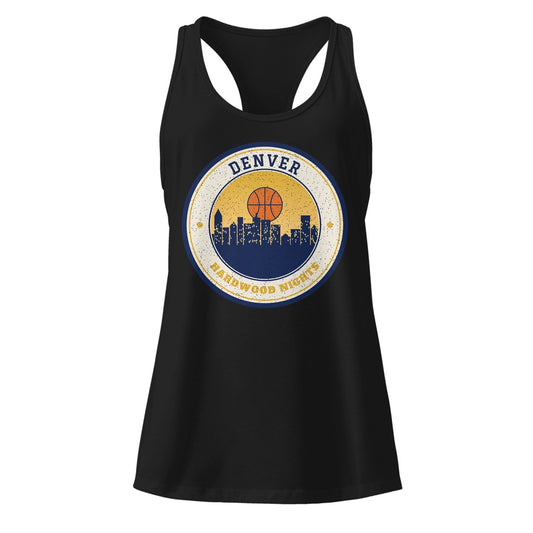 Women's Denver Hardwood Nights Racerback Tank in Black, front view