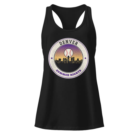 Women's Denver Summer Nights Ballpark Racerback Tank in Black, front view