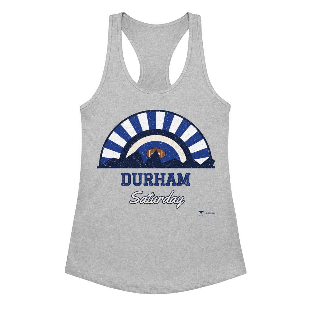 Women's Durham Saturday Racerback Tank in Heather Gray, front view