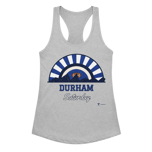 Women's Durham Saturday Racerback Tank in Heather Gray, front view