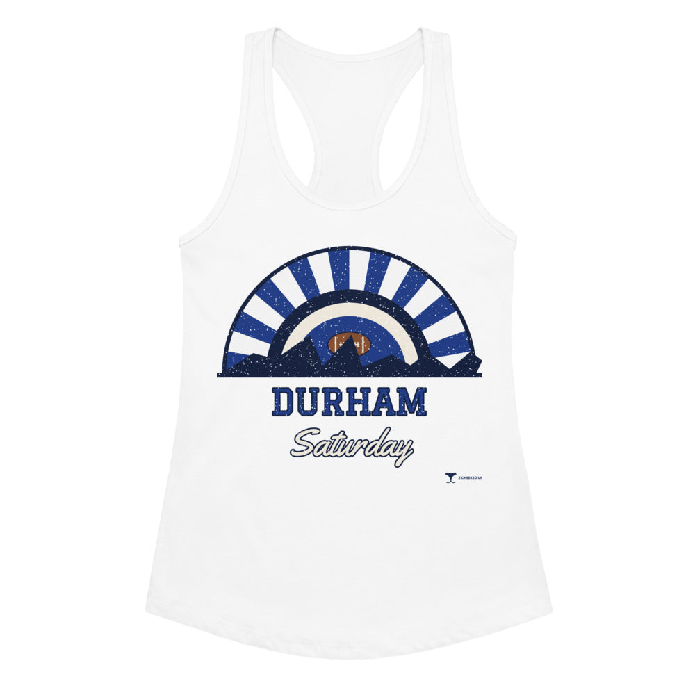 Women's Durham Saturday Racerback Tank in White, front view