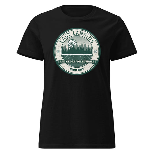 East Lansing Red Cedar Volleyball Women's Fitted Tee in Black, front view