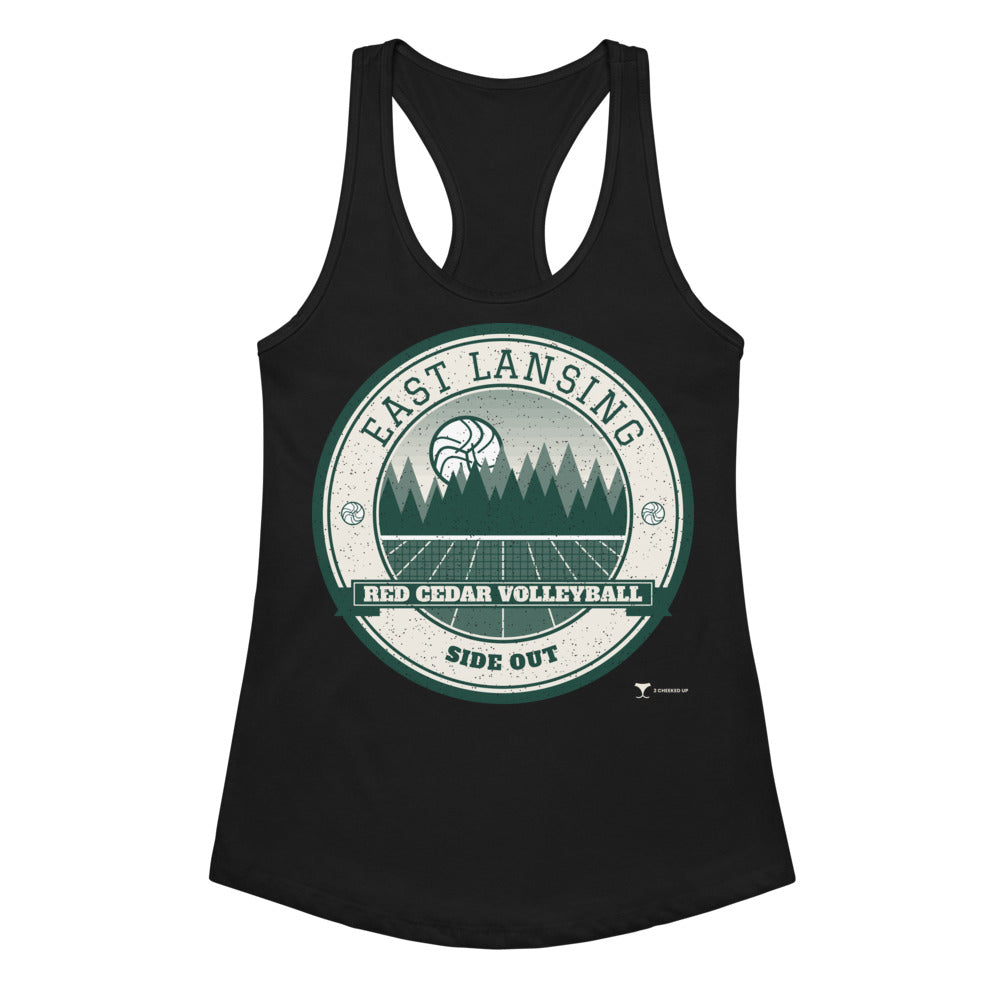 East Lansing Red Cedar Volleyball Women's Racerback Tank in Black, front view