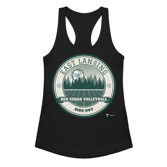 East Lansing Red Cedar Volleyball Women's Racerback Tank in Black, front view