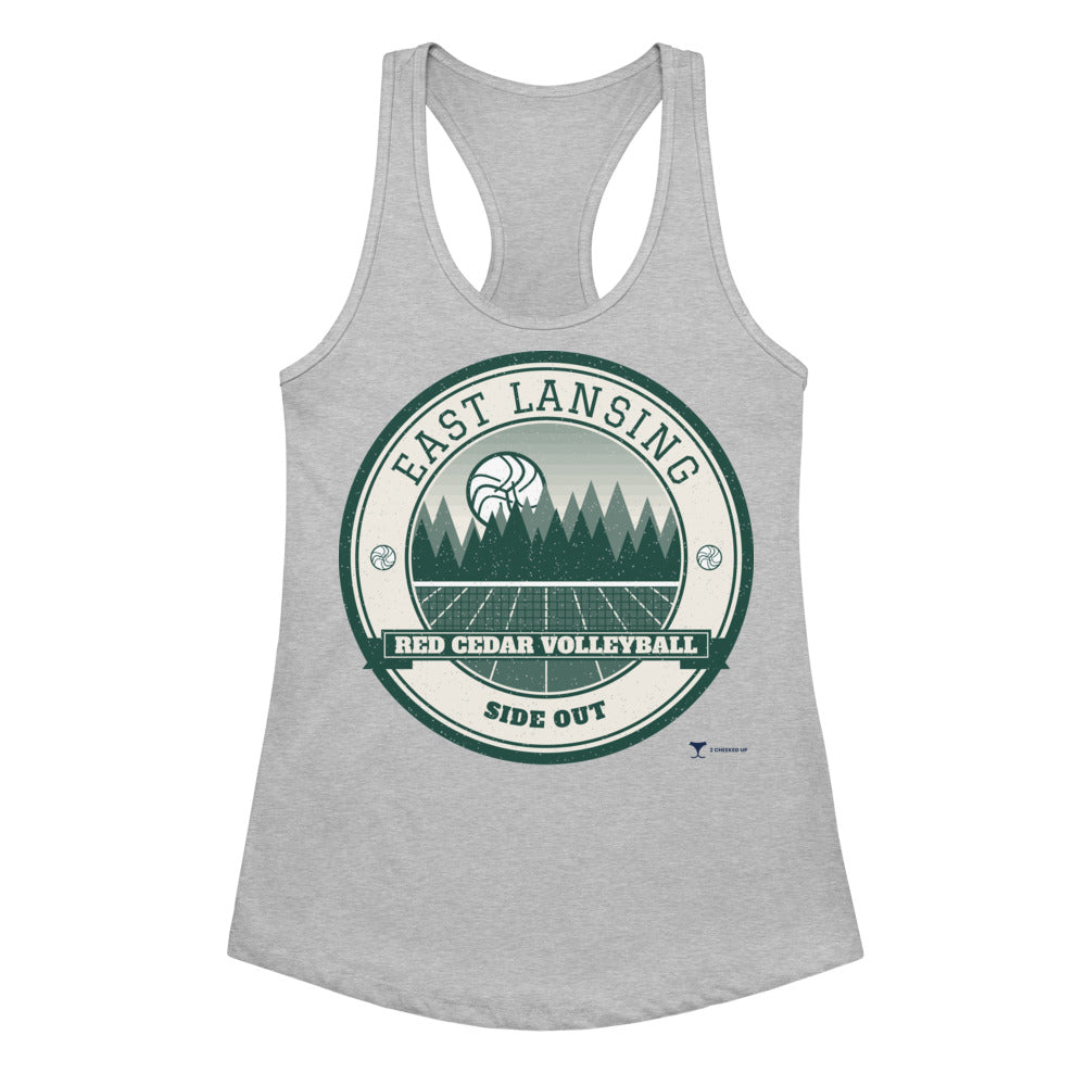 East Lansing Red Cedar Volleyball Women's Racerback Tank in Heather Gray, front view