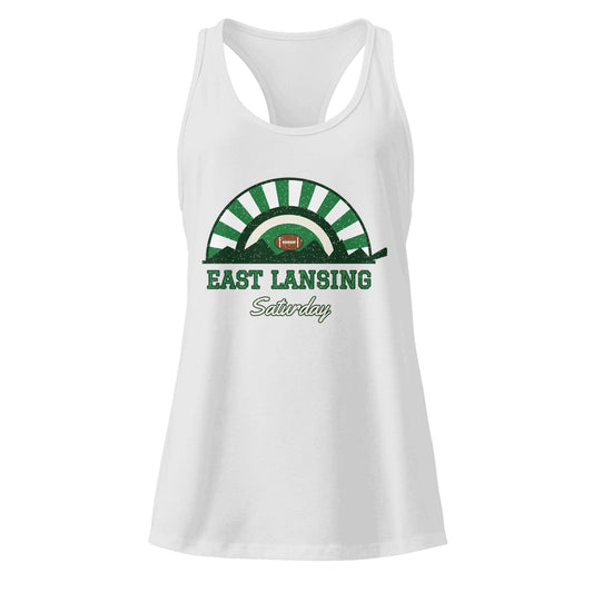Women's East Lansing Saturday Racerback Tank in Heather Gray, front view