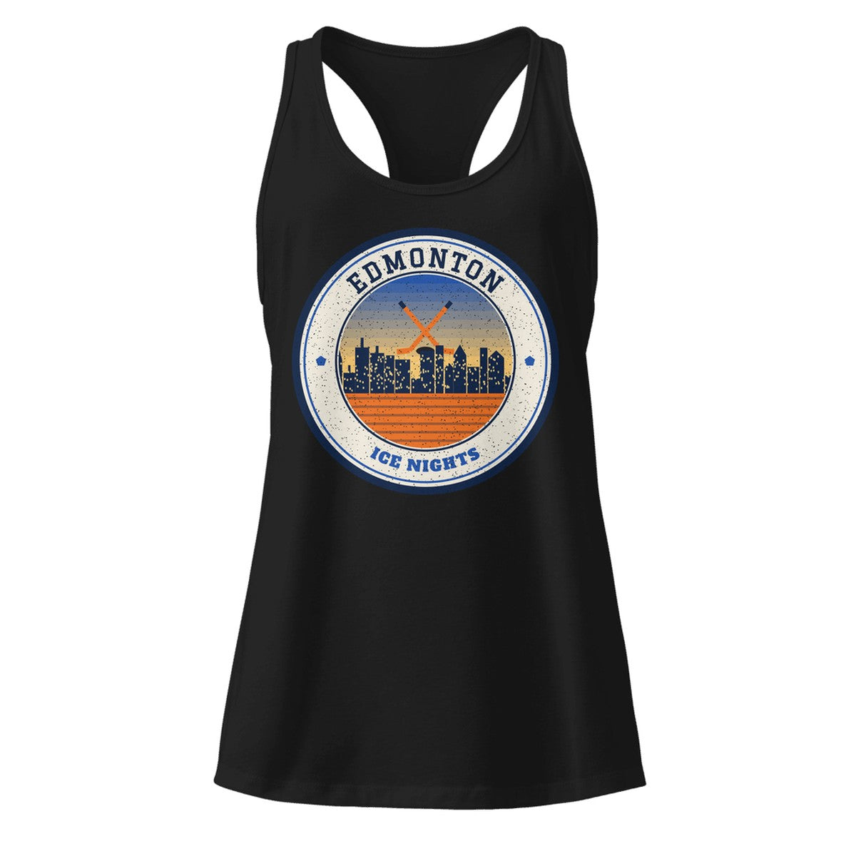 Women's Edmonton Ice Nights Racerback Tank in Black, front view