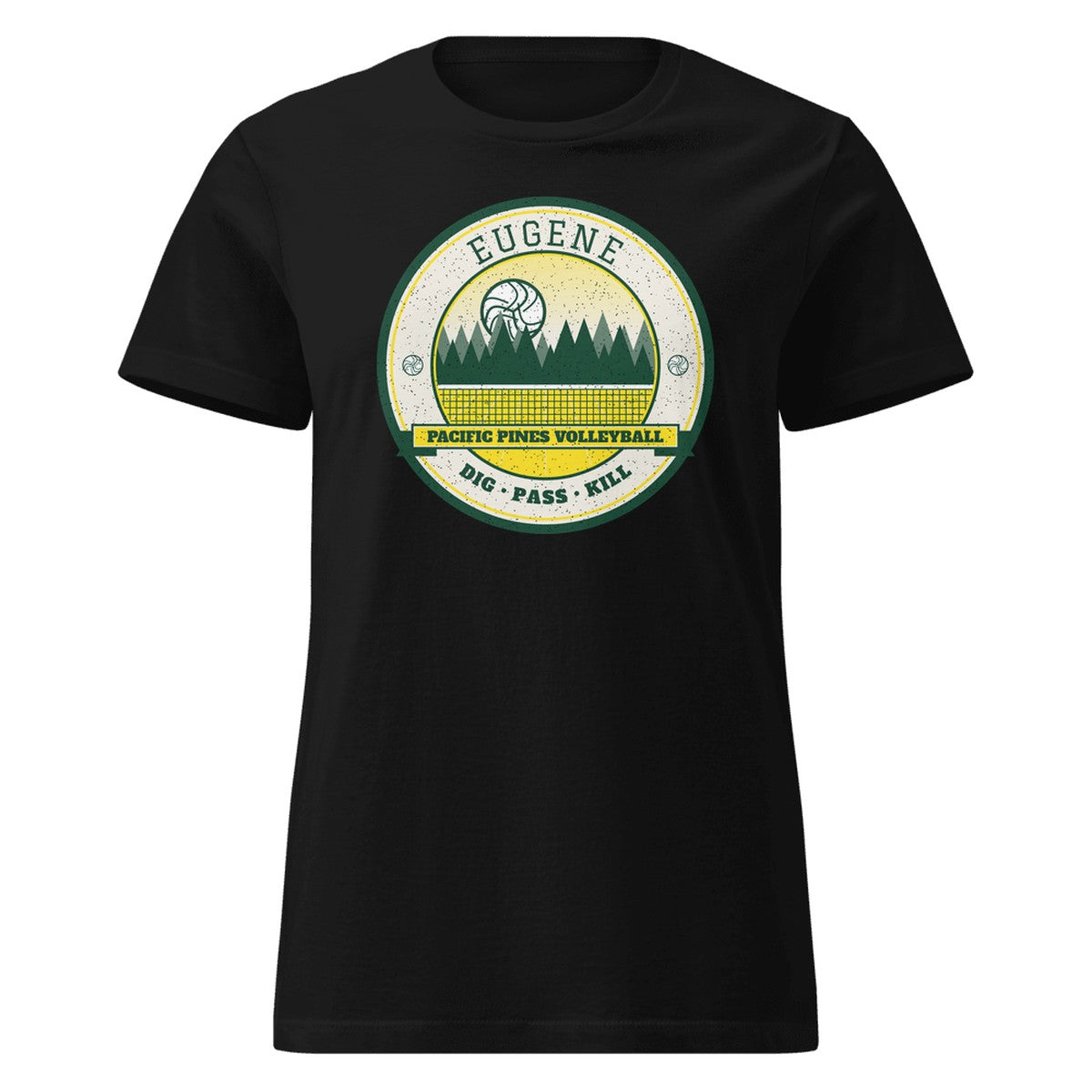 Eugene Pacific Pines Volleyball Women's Fitted Tee in Black, front view