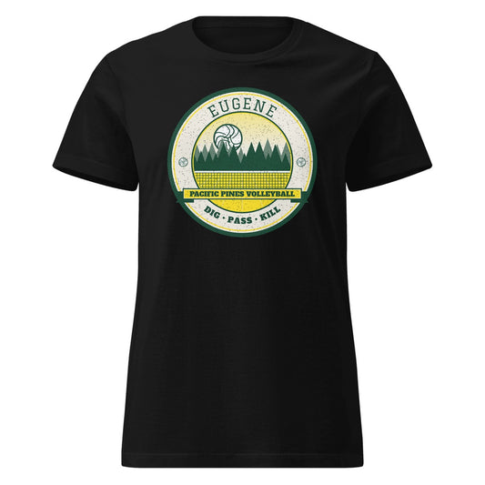 Eugene Pacific Pines Volleyball Women's Fitted Tee in Black, front view