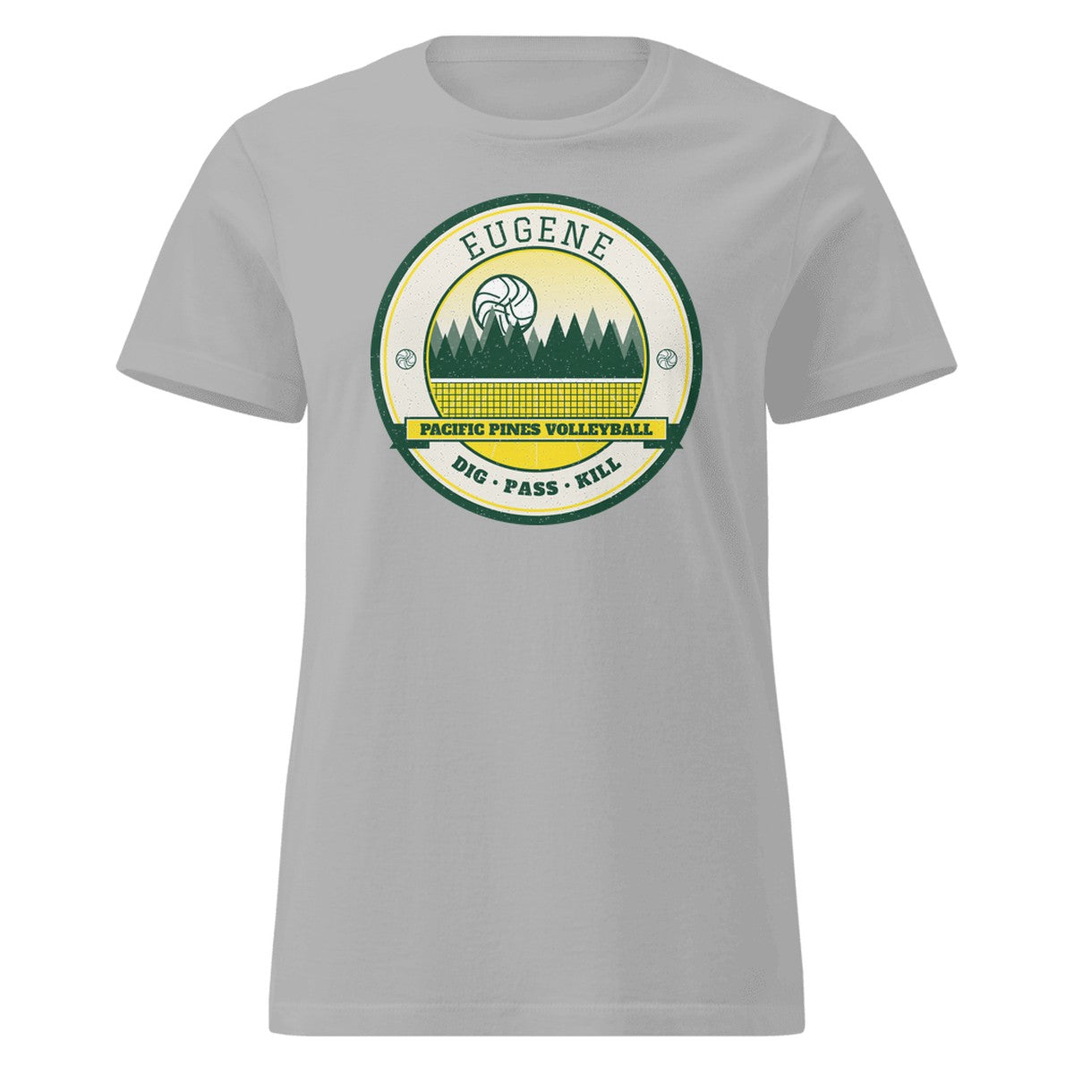 Eugene Pacific Pines Volleyball Women's Fitted Tee in Sport Grey, front view