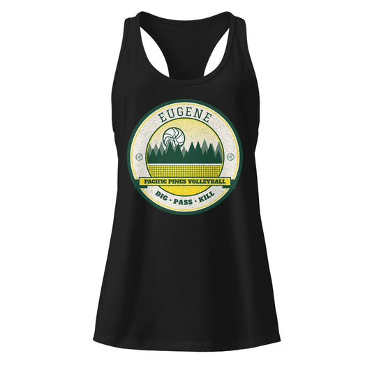 Eugene Pacific Pines Volleyball Women's Racerback Tank in Black, front view